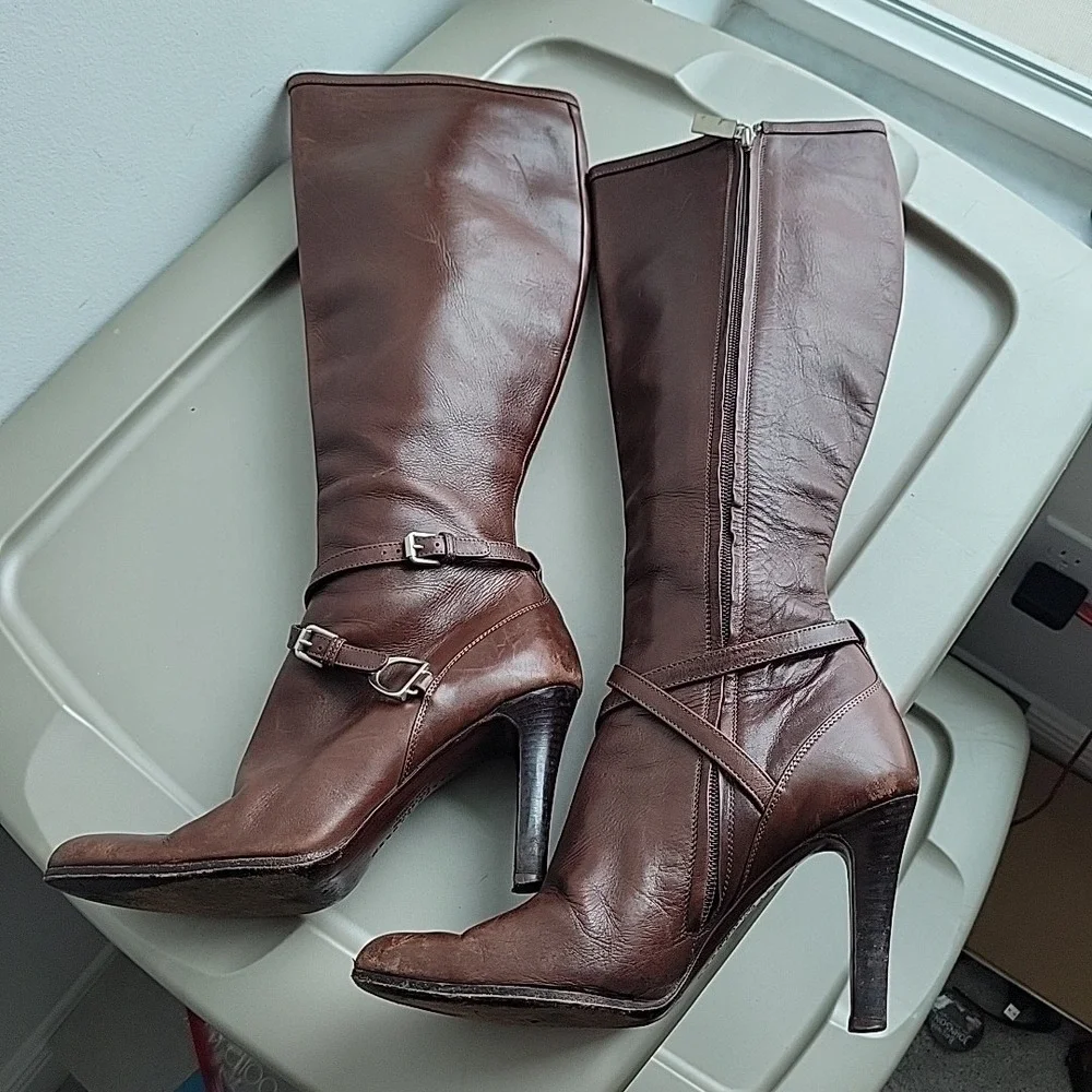 Ralph Lauren Purple Label Knee High Leather Boots Womens Size 6.5 Brown Heel Zip